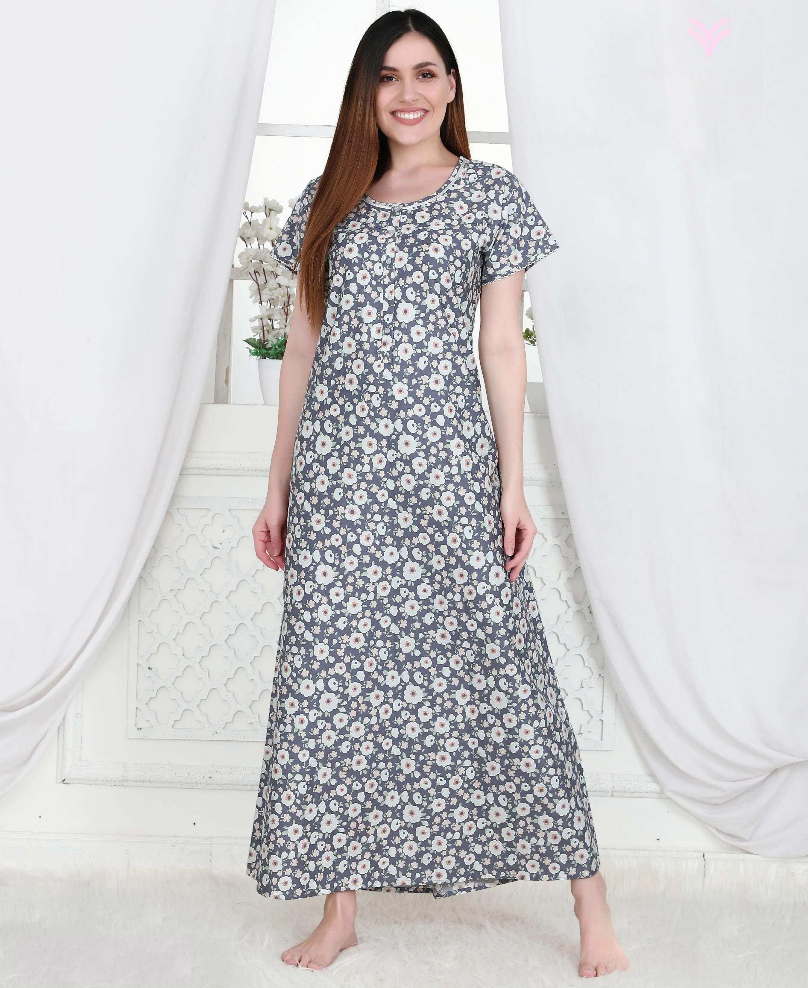 Velure Lush Dark Blue Print Cotton Nighty - Velure - - Cotton, Full Length Nighty, Half Sleeves Nighty, Round neck Nighty