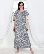 Velure Lush Dark Blue Print Cotton Nighty - Velure - - Cotton, Full Length Nighty, Half Sleeves Nighty, Round neck Nighty