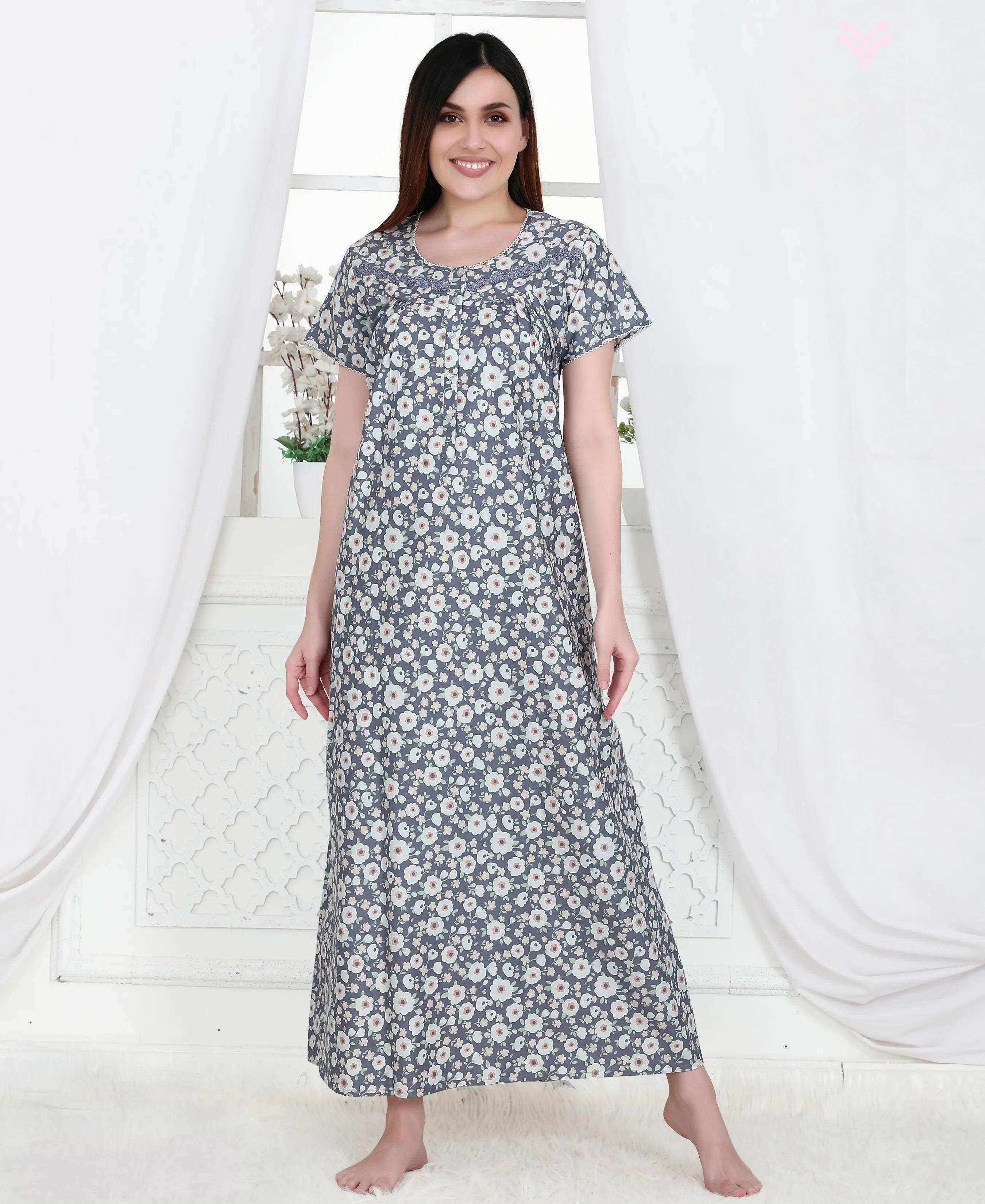 Velure Lush Dark Blue Print Cotton Nighty - Velure - - Cotton, Full Length Nighty, Half Sleeves Nighty, Round neck Nighty