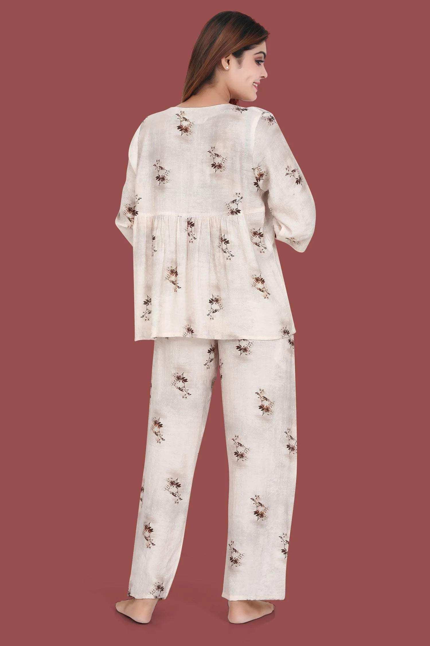 Velure Classic Floral Print Frock-Style Night Suit - Velure - - 3/4 Sleeves, Frock Style, Full Length Pant, Linen, V Neck
