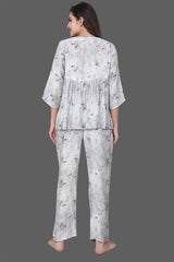 Velure Grey Floral Frock-Style Night Suit - Velure - Long Top and Pant - 3/4 Sleeves, Frock Style, Full Length Pant, Linen, V Neck