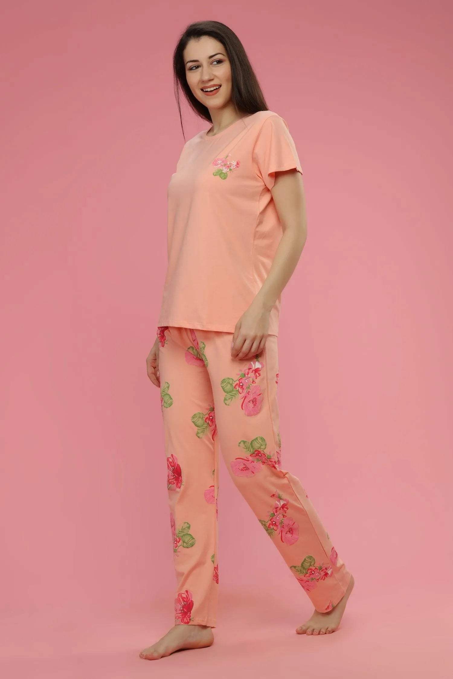 Velure Captivating Floral Print Night Suit - Velure - Shirt and Pant - Cotton, Floral Print, Full Length Pant, Half Sleeves, Round neck