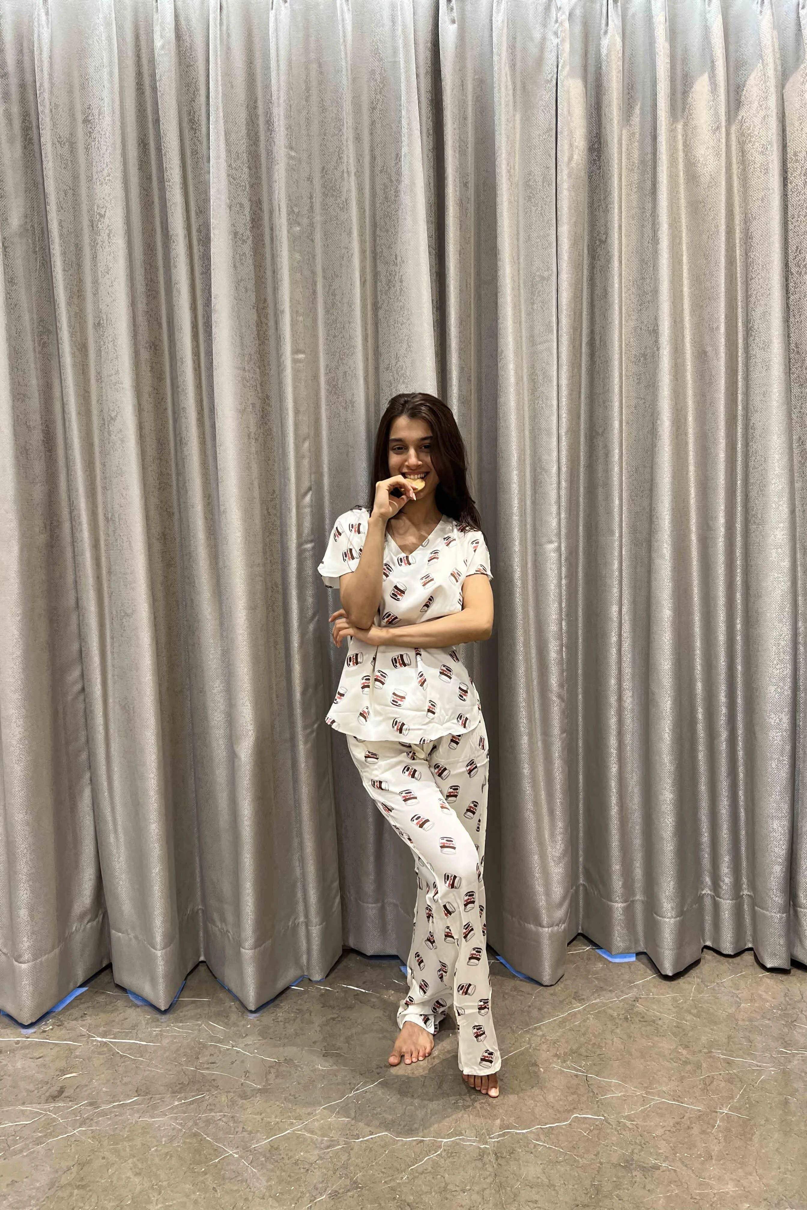 Nutella Night Suit - Velure - T-Shirt and Pant - Cotton Satin, Full Length Pant, Half Sleeves, Printed, V Neck
