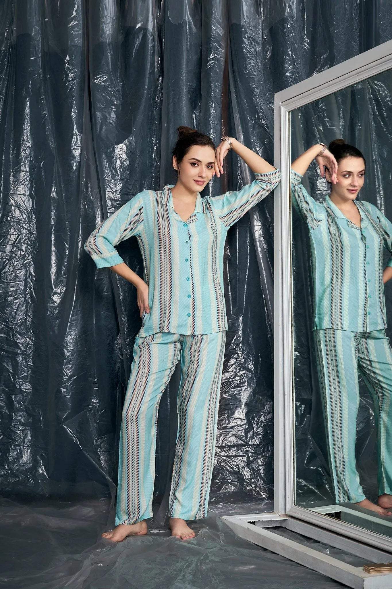 Velure Vertical Stripes Night Suit - Velure - - 3/4 Sleeves, Collar Neck, Cotton, Front Button Open, Full Length Pant, Stripes