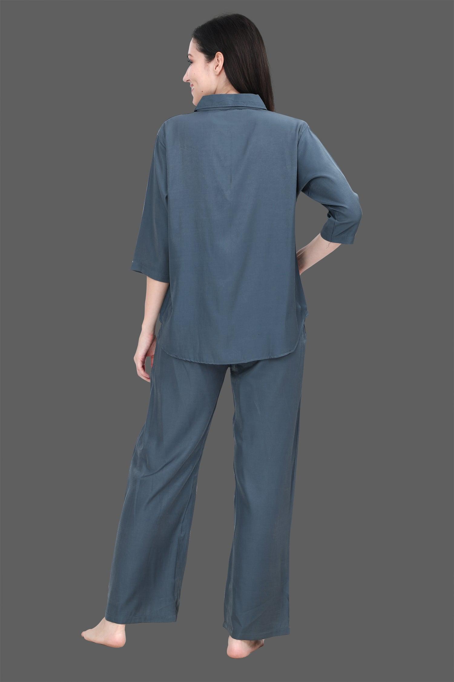 Velure Grey Classic Palazzo Co-ord Set - Velure - Long Top and Pant - 3/4 Sleeves, Collar Neck, Cotton, Front Button Open, Full Length Pant