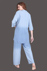 Velure Stylish Light Blue Dual Shade Kurti Style Night Suit - Velure - Long Top and Pant - 3/4 Sleeves, Cotton, Front Button Open, Full Length Pant