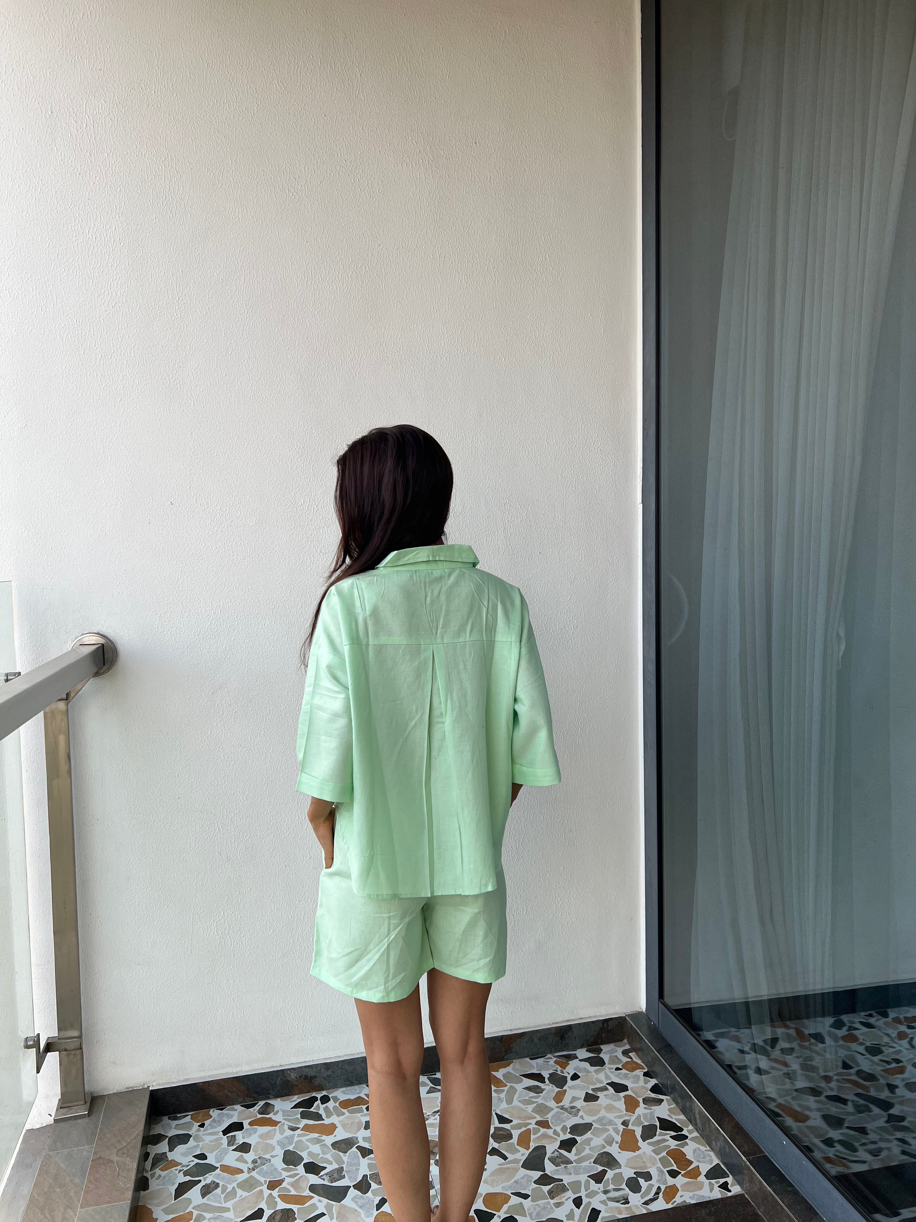 Velure Solid Casual Green Shorts - Velure - - Collar Neck, Half Sleeves, Linen, Oversized fit, Shorts