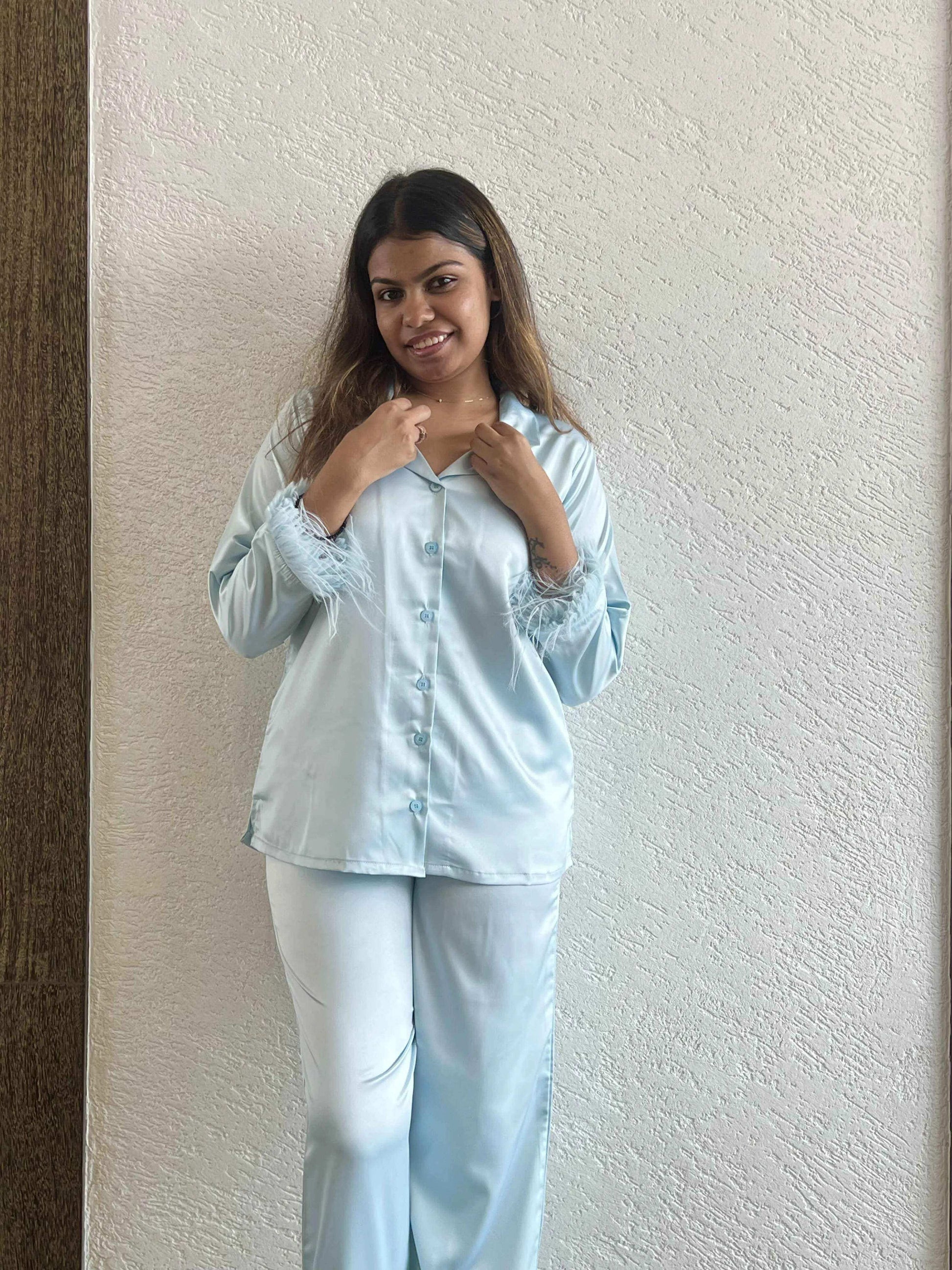 Velure Refreshing Fur Satin Night Suit - Velure - - Collar Neck, Front Button Open, Full Length Pant, Full Sleeves, Fur, Satin