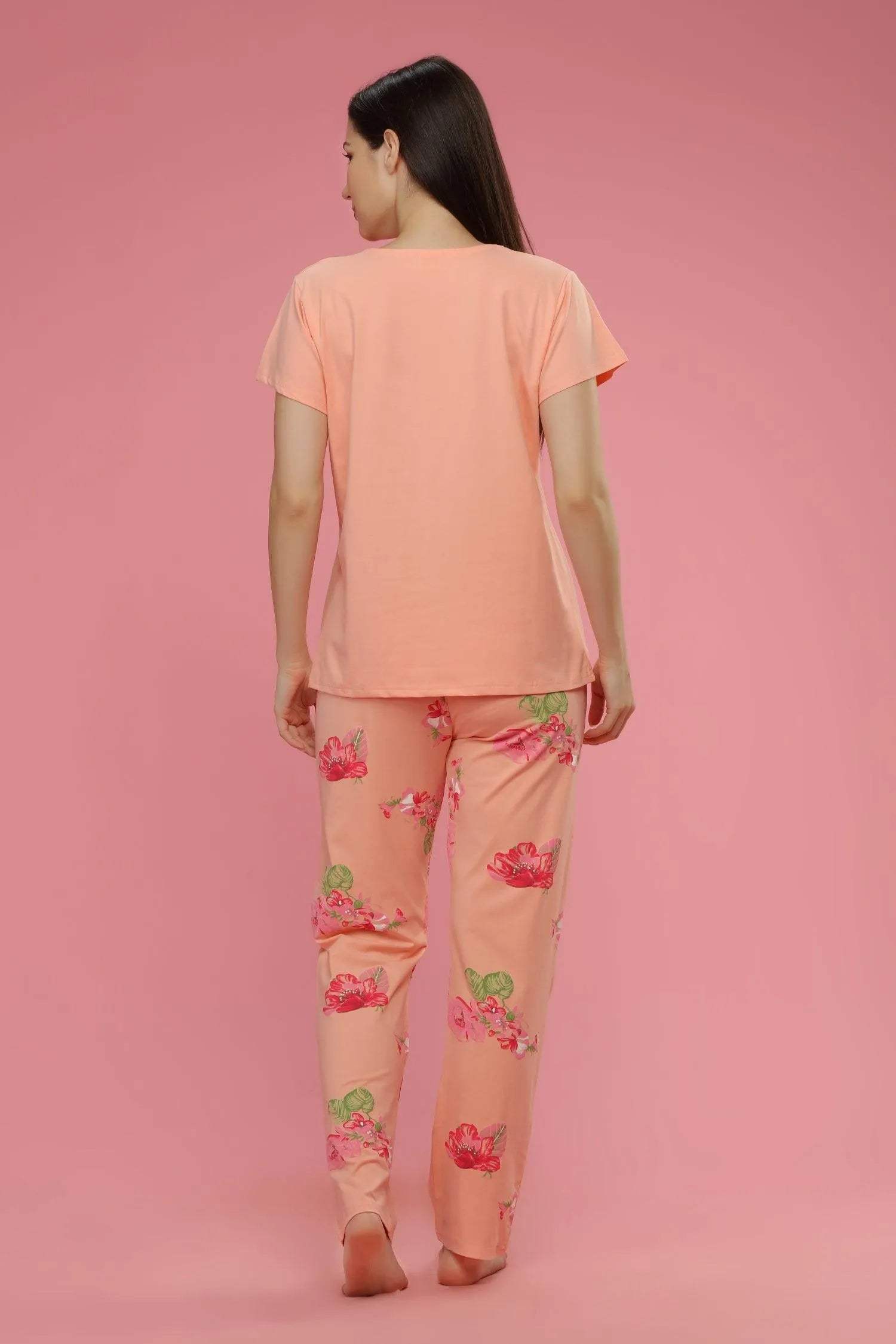 Velure Captivating Floral Print Night Suit - Velure - Shirt and Pant - Cotton, Floral Print, Full Length Pant, Half Sleeves, Round neck