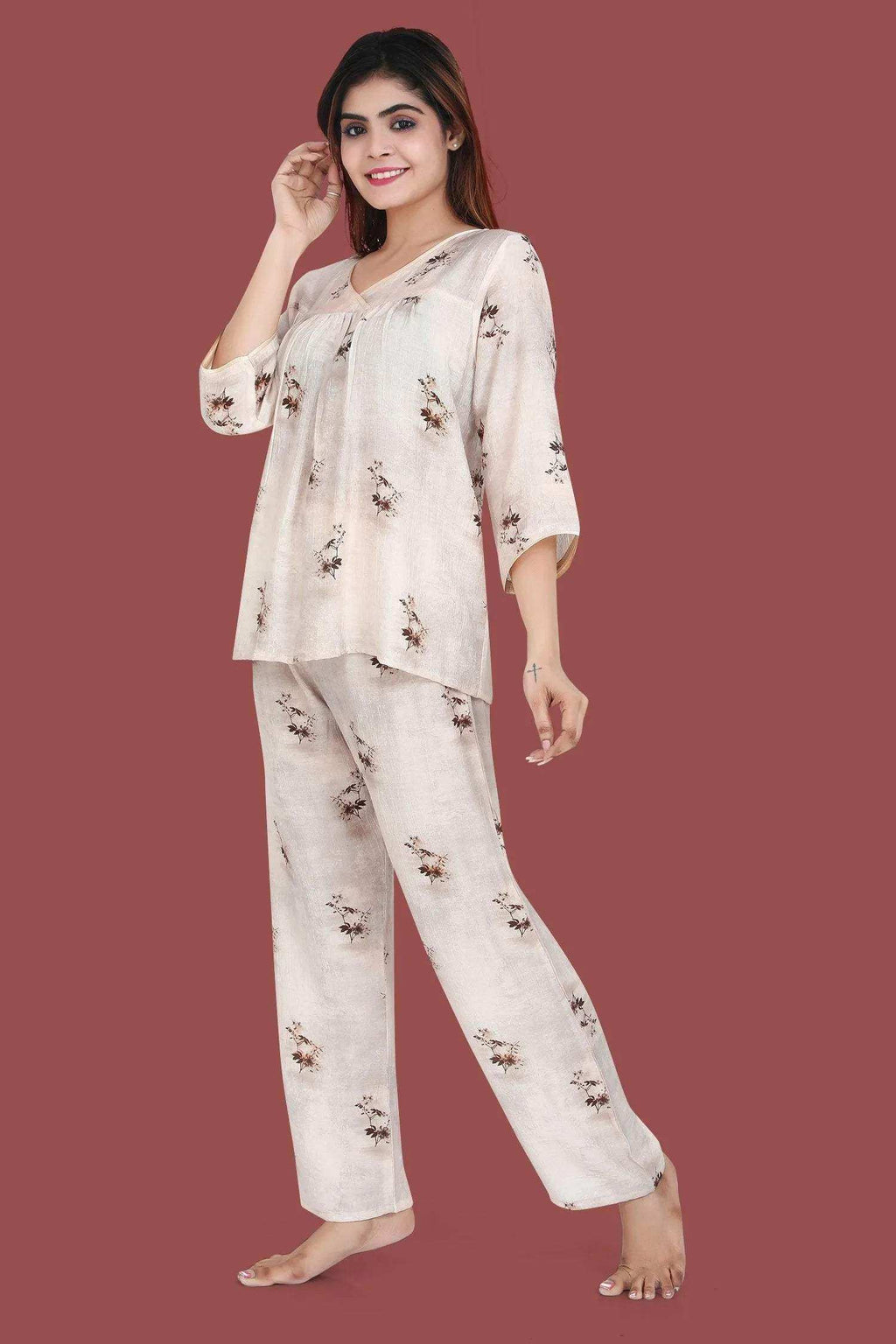 Velure Classic Floral Print Frock-Style Night Suit - Velure - - 3/4 Sleeves, Frock Style, Full Length Pant, Linen, V Neck