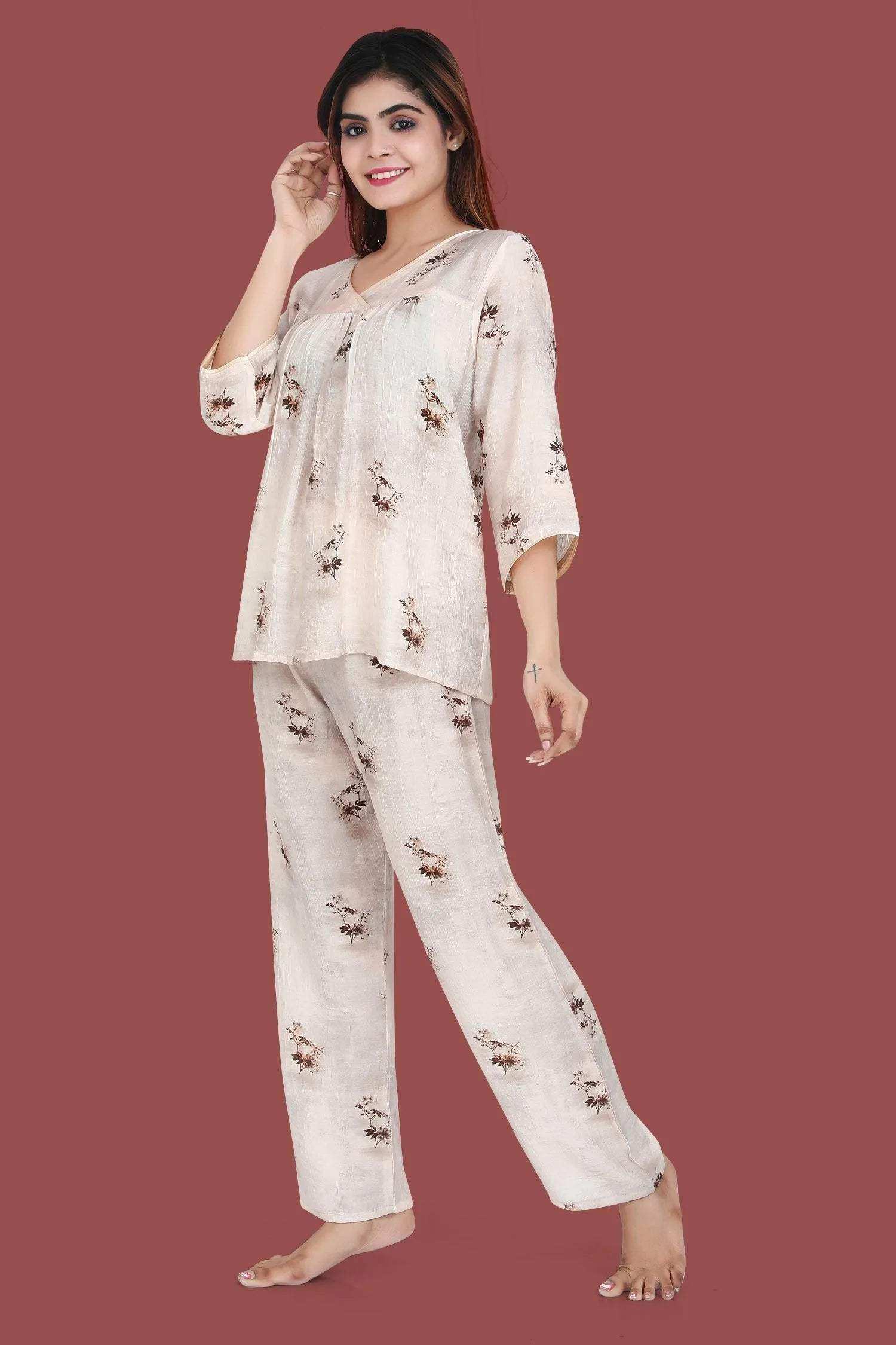 Velure Classic Floral Print Frock-Style Night Suit - Velure - - 3/4 Sleeves, Frock Style, Full Length Pant, Linen, V Neck