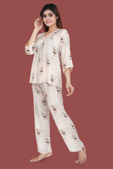 Velure Classic Floral Print Frock-Style Night Suit - Velure - Long Top and Pant - 3/4 Sleeves, Frock Style, Full Length Pant, Linen, V Neck