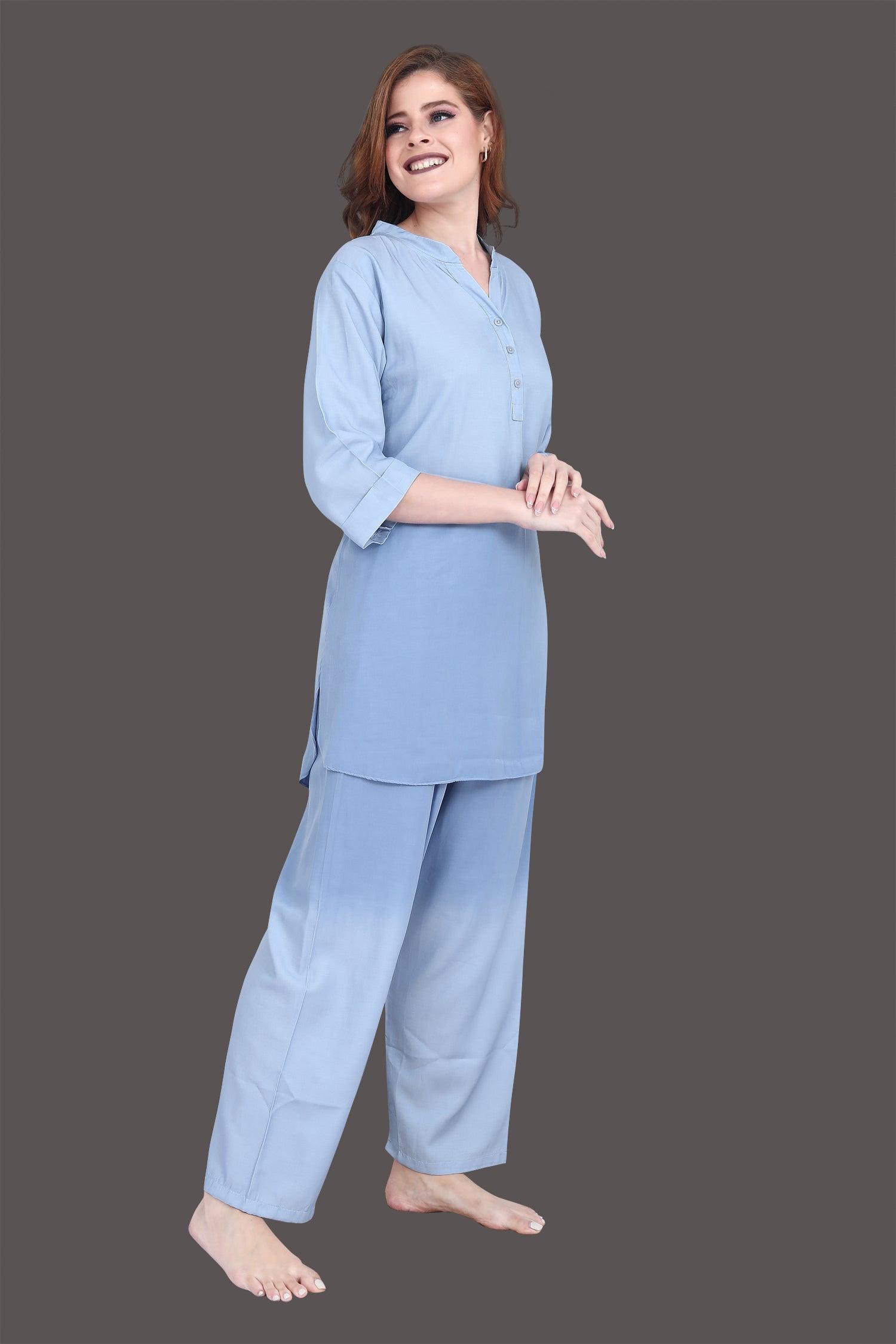 Velure Stylish Light Blue Dual Shade Kurti Style Night Suit - Velure - Long Top and Pant - 3/4 Sleeves, Cotton, Front Button Open, Full Length Pant