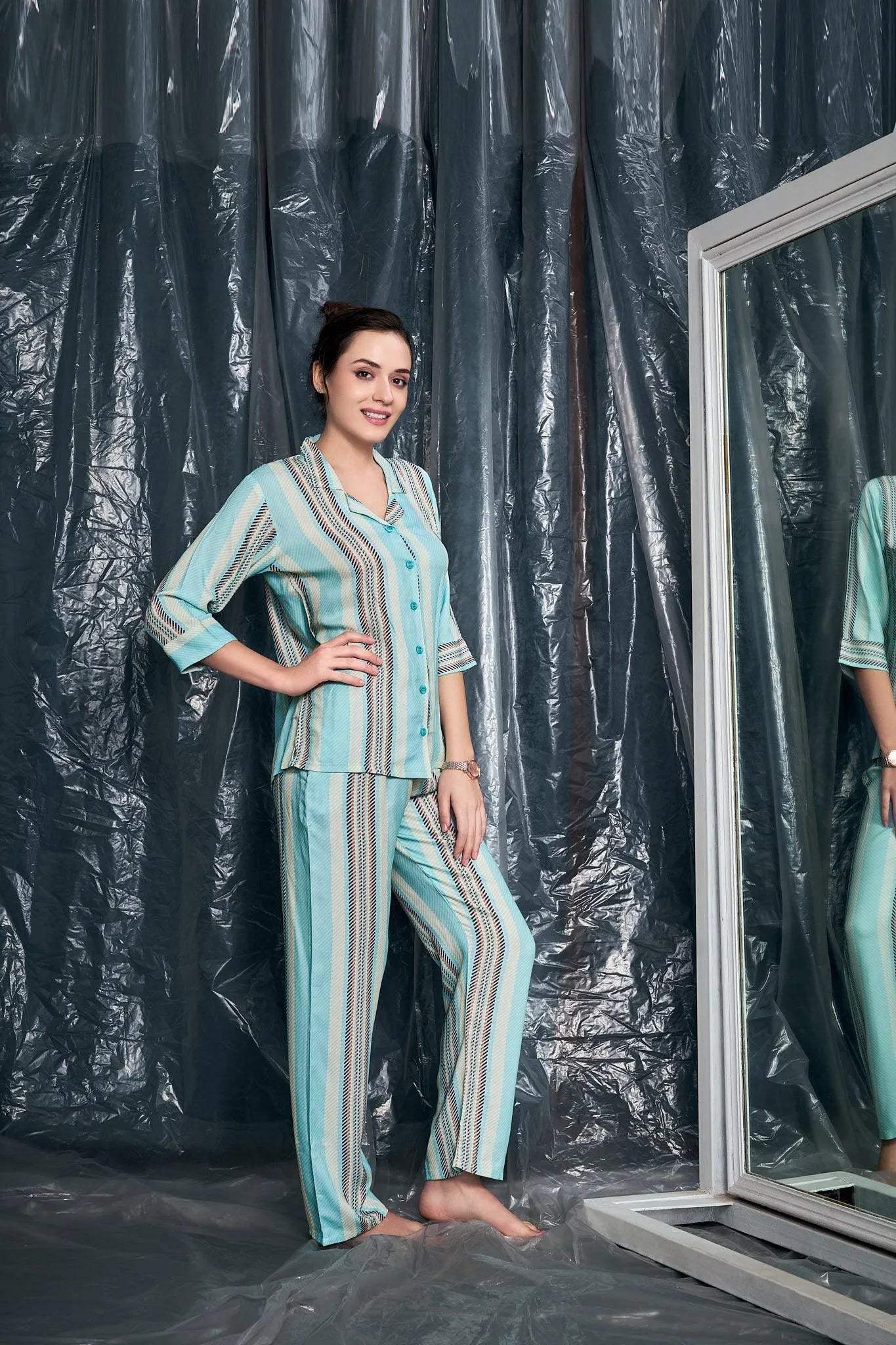 Velure Vertical Stripes Night Suit - Velure - - 3/4 Sleeves, Collar Neck, Cotton, Front Button Open, Full Length Pant, Stripes