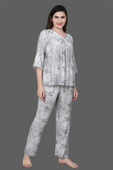 Velure Grey Floral Frock-Style Night Suit - Velure - Long Top and Pant - 3/4 Sleeves, Frock Style, Full Length Pant, Linen, V Neck