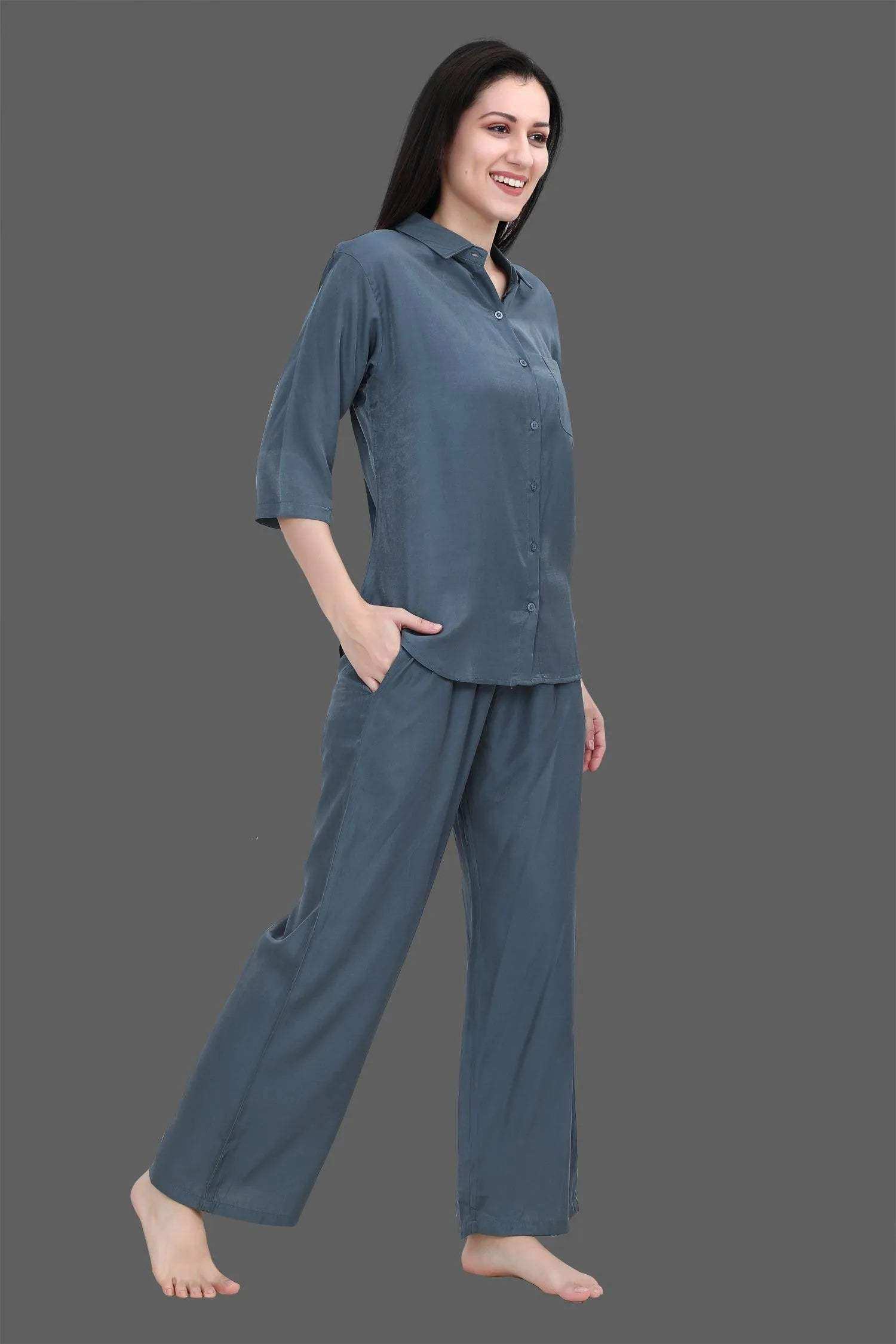 Velure Grey Classic Palazzo Co-ord Set - Velure - - 3/4 Sleeves, Collar Neck, Cotton, Front Button Open, Full Length Pant