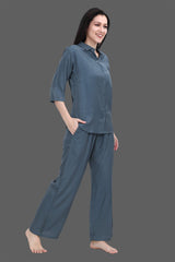 Velure Grey Classic Palazzo Co-ord Set - Velure - Long Top and Pant - 3/4 Sleeves, Collar Neck, Cotton, Front Button Open, Full Length Pant