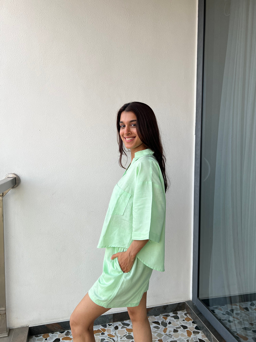 Velure Solid Casual Green Shorts - Velure - - Collar Neck, Half Sleeves, Linen, Oversized fit, Shorts