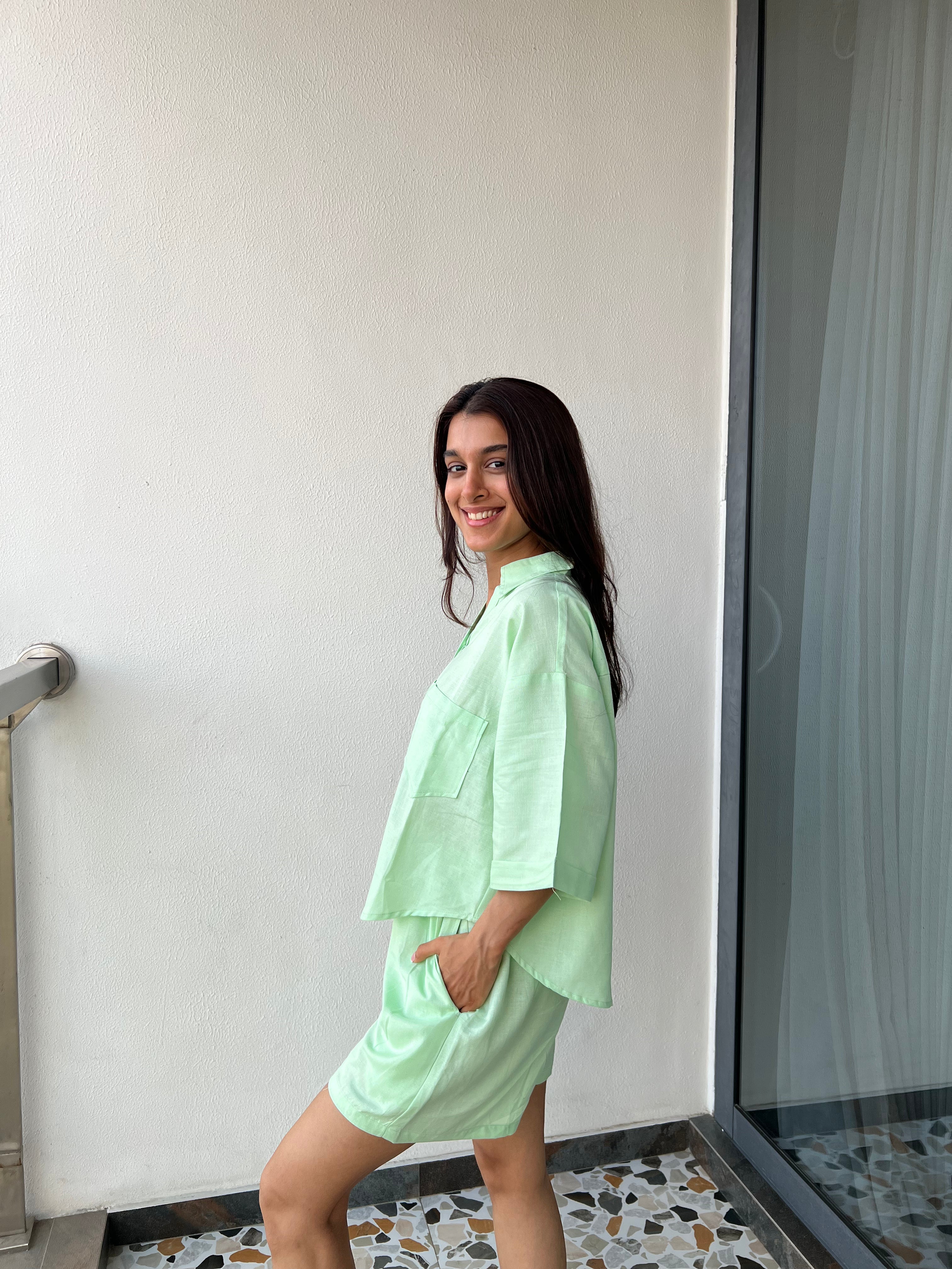 Velure Solid Casual Green Shorts - Velure - - Collar Neck, Half Sleeves, Linen, Oversized fit, Shorts