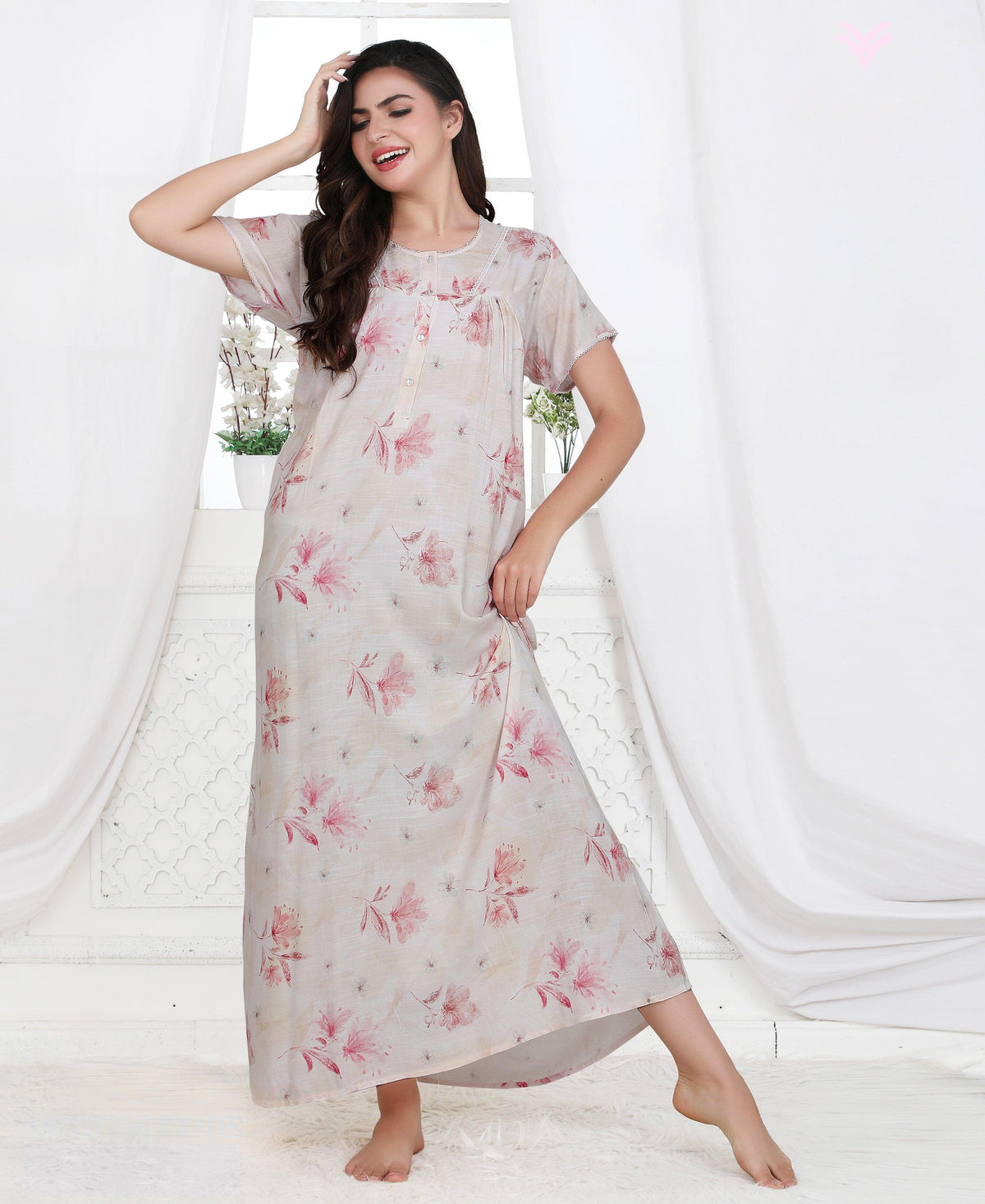 Velure Dazzling Floral Print Linen Nighty  - Velure - Nighty - Full Length Nighty, Linen, Round neck Nighty