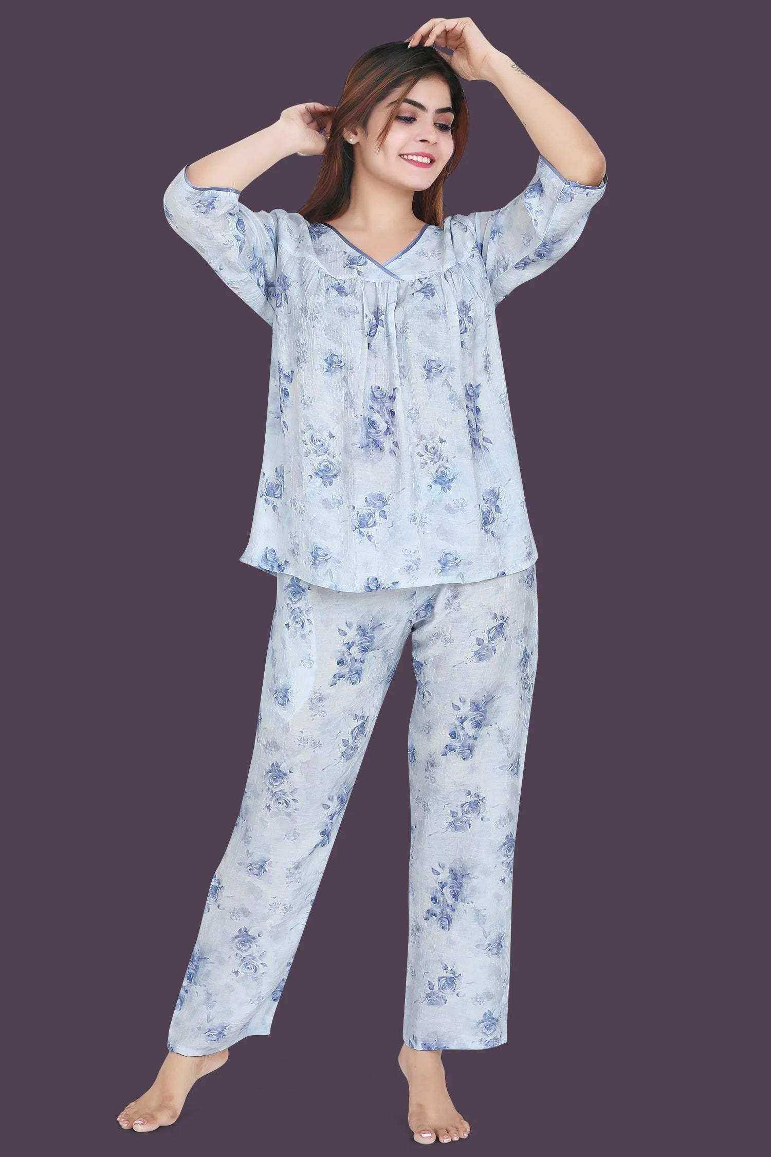 Velure Trendy Floral Print Frock-Style Night Suit - Velure - - 3/4 Sleeves, Frock Style, Full Length Pant, Linen, V Neck
