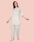 Velure Graceful Cream Kurti Style Night Suit - Velure - - 3/4 Sleeves, Collar Neck, Cotton, Front Button Open, Full Length Pant