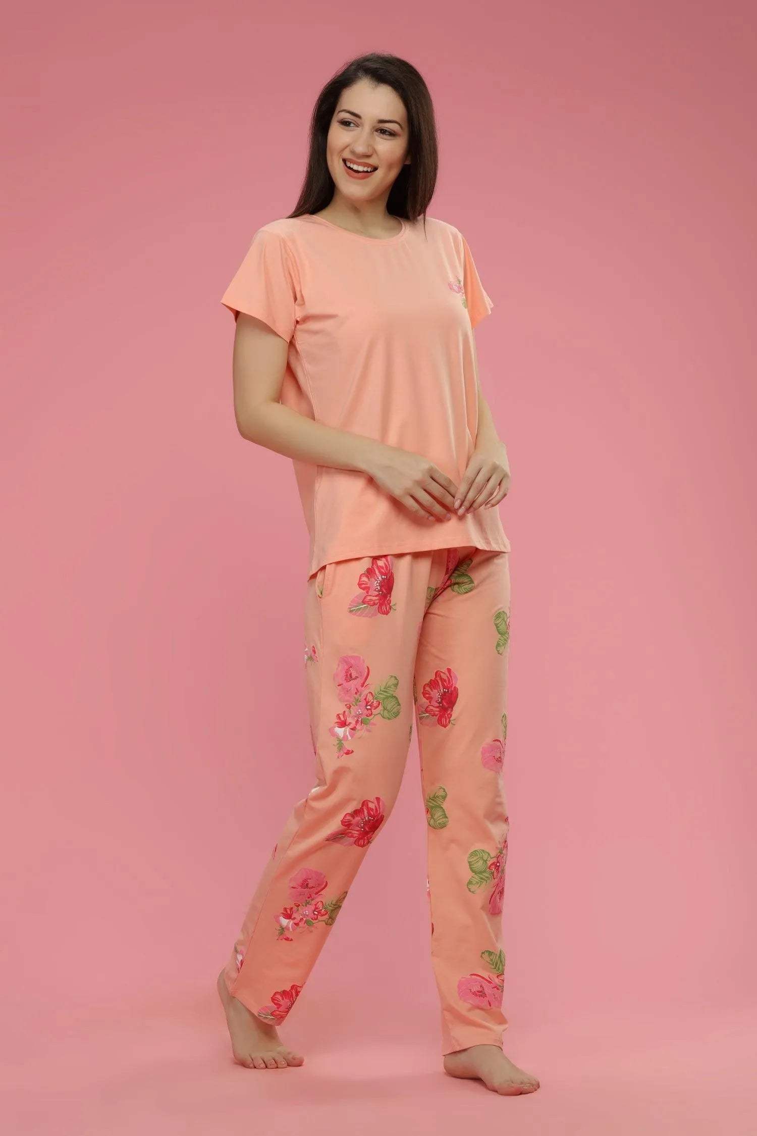 Velure Captivating Floral Print Night Suit - Velure - Shirt and Pant - Cotton, Floral Print, Full Length Pant, Half Sleeves, Round neck