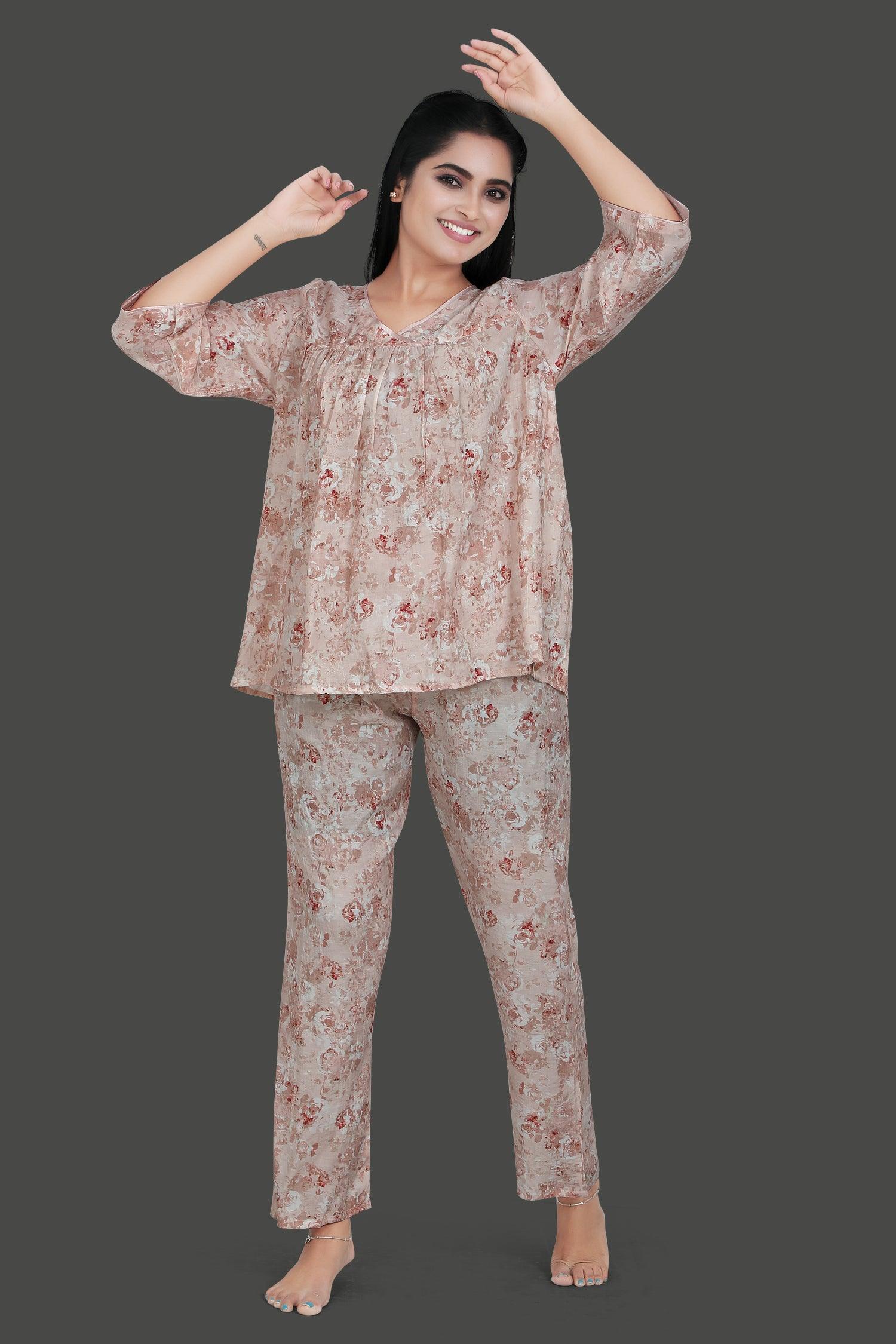 Velure Floral Print Frock-Style Night Suit - Velure - Long Top and Pant - 3/4 Sleeves, Frock Style, Full Length Pants, Linen, V Neck