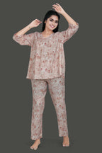 Velure Floral Print Frock-Style Night Suit - Velure - - 3/4 Sleeves, Frock Style, Full Length Pants, Linen, V Neck