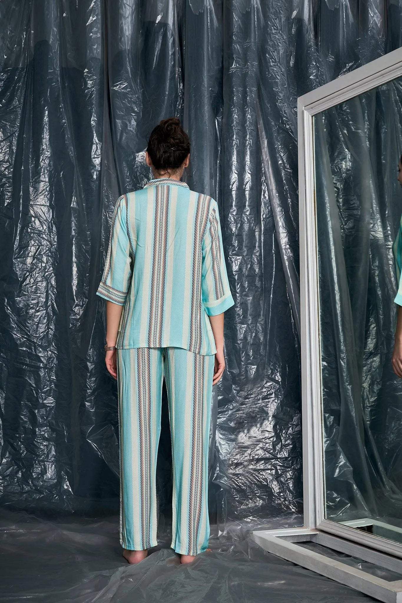 Velure Vertical Stripes Night Suit - Velure - - 3/4 Sleeves, Collar Neck, Cotton, Front Button Open, Full Length Pant, Stripes