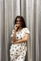 Nutella Night Suit - Velure - T-Shirt and Pant - Cotton Satin, Full Length Pant, Half Sleeves, Printed, V Neck