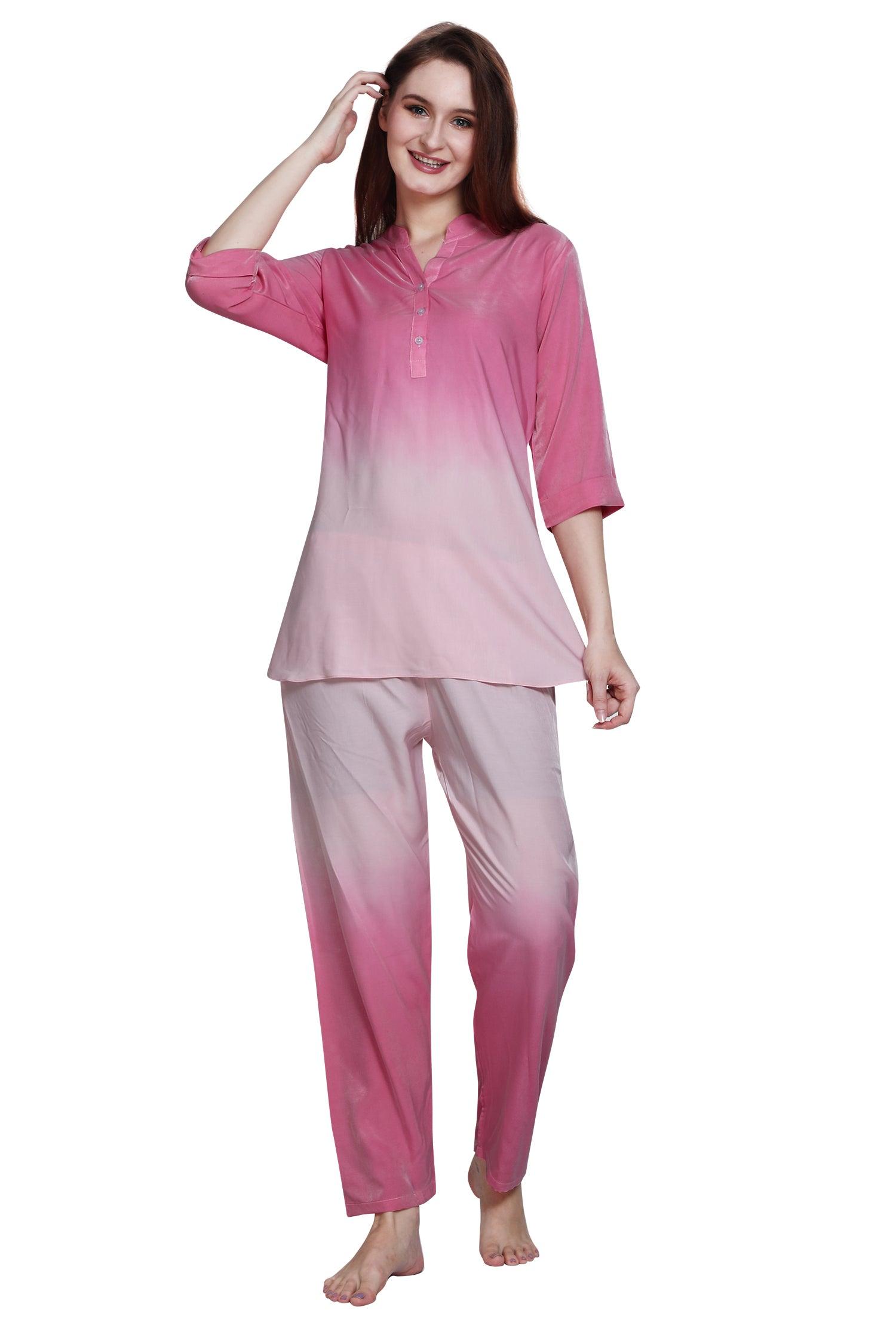 Velure Engrossing Dual Shade Kurti Style Night Suit - Velure - Long Top and Pant - 3/4 Sleeves, Collar Night Suit, Cotton, Full Length Pant, Long Top Night Suit