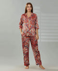 Geometry Print Satin Set - Velure - Shirt and Pant - Abstract Print, Collar Neck, Front Button Open, Full Length Pant, Full Sleeves, Satin