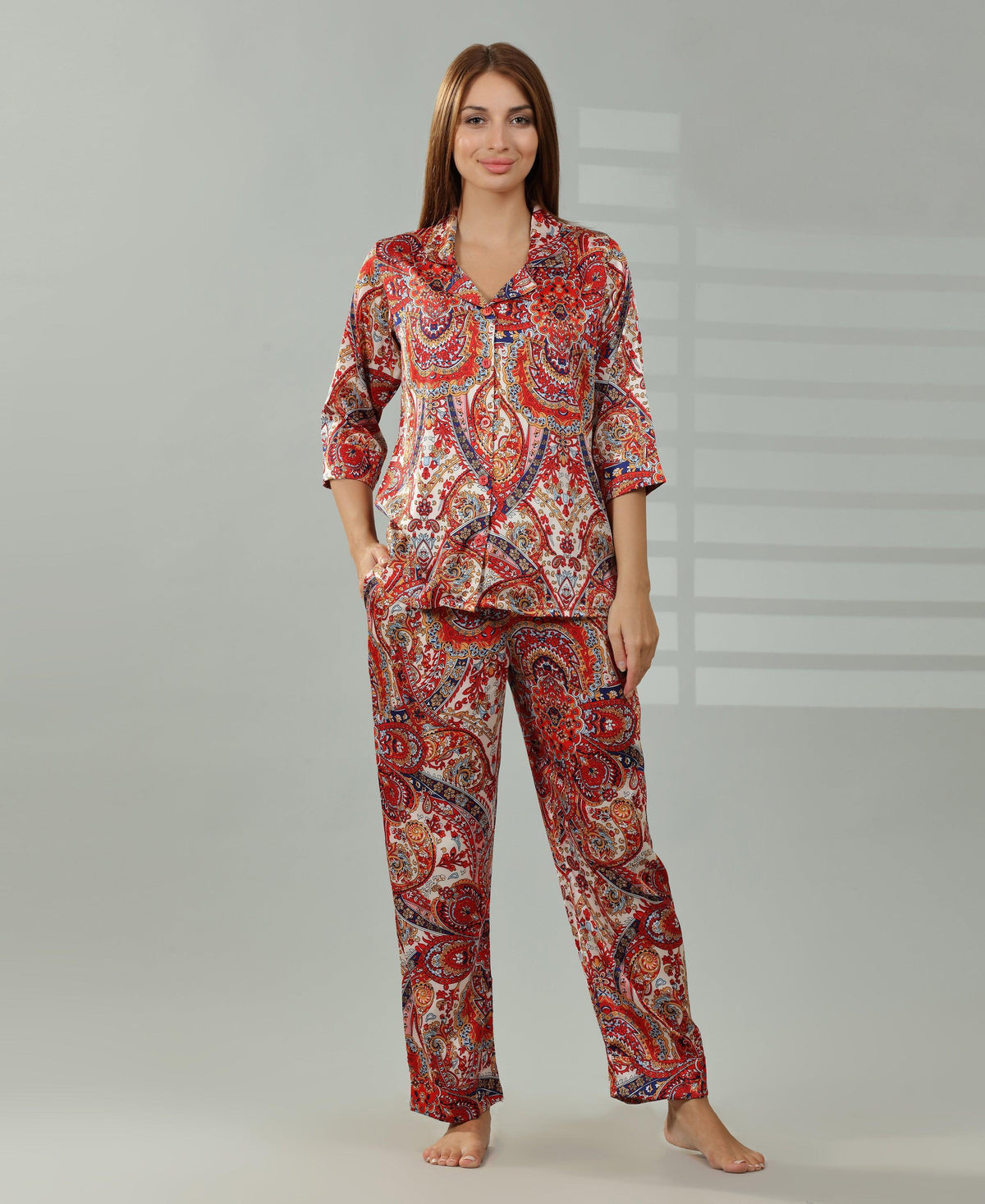 Geometry Print Satin Set - Velure - Shirt and Pant - Abstract Print, Collar Neck, Front Button Open, Full Length Pant, Full Sleeves, Satin