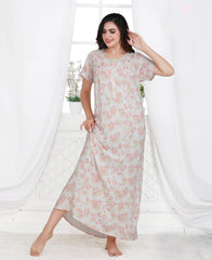 Velure Multi-Color Floral Print Linen Nighty  - Velure - Nighty - Full Length Nighty, Half Sleeves Nighty, Linen, Round neck Nighty