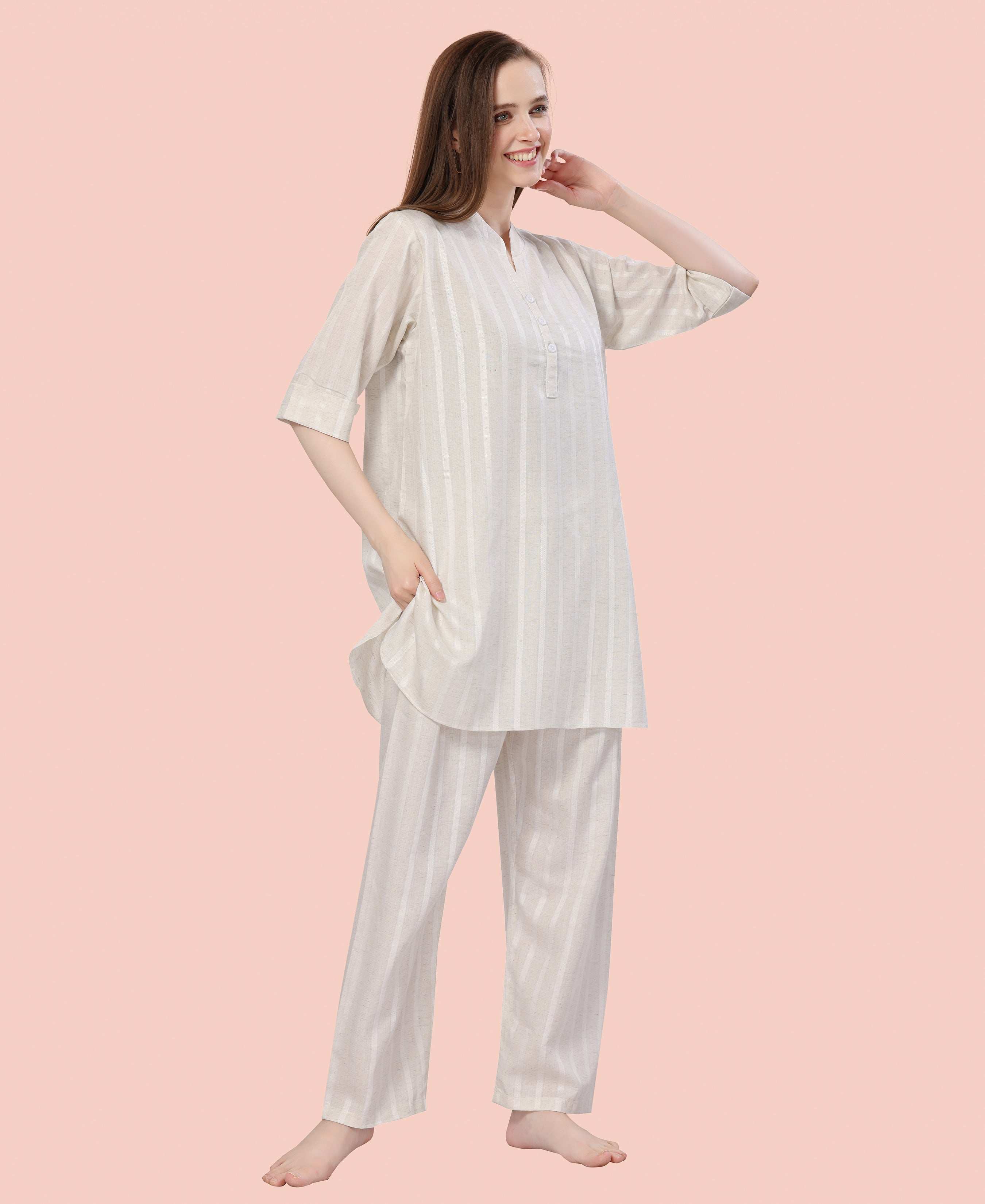 Velure Graceful Cream Kurti Style Night Suit - Velure - - 3/4 Sleeves, Collar Neck, Cotton, Front Button Open, Full Length Pant