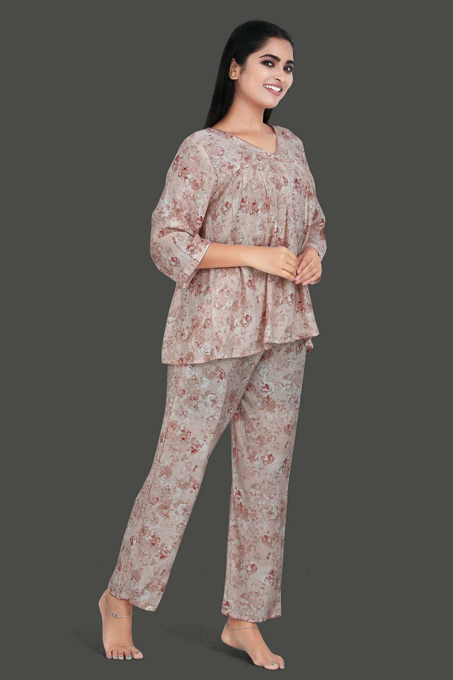 Velure Floral Print Frock-Style Night Suit - Velure - - 3/4 Sleeves, Frock Style, Full Length Pants, Linen, V Neck