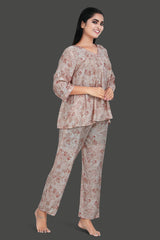 Velure Floral Print Frock-Style Night Suit - Velure - Long Top and Pant - 3/4 Sleeves, Frock Style, Full Length Pants, Linen, V Neck