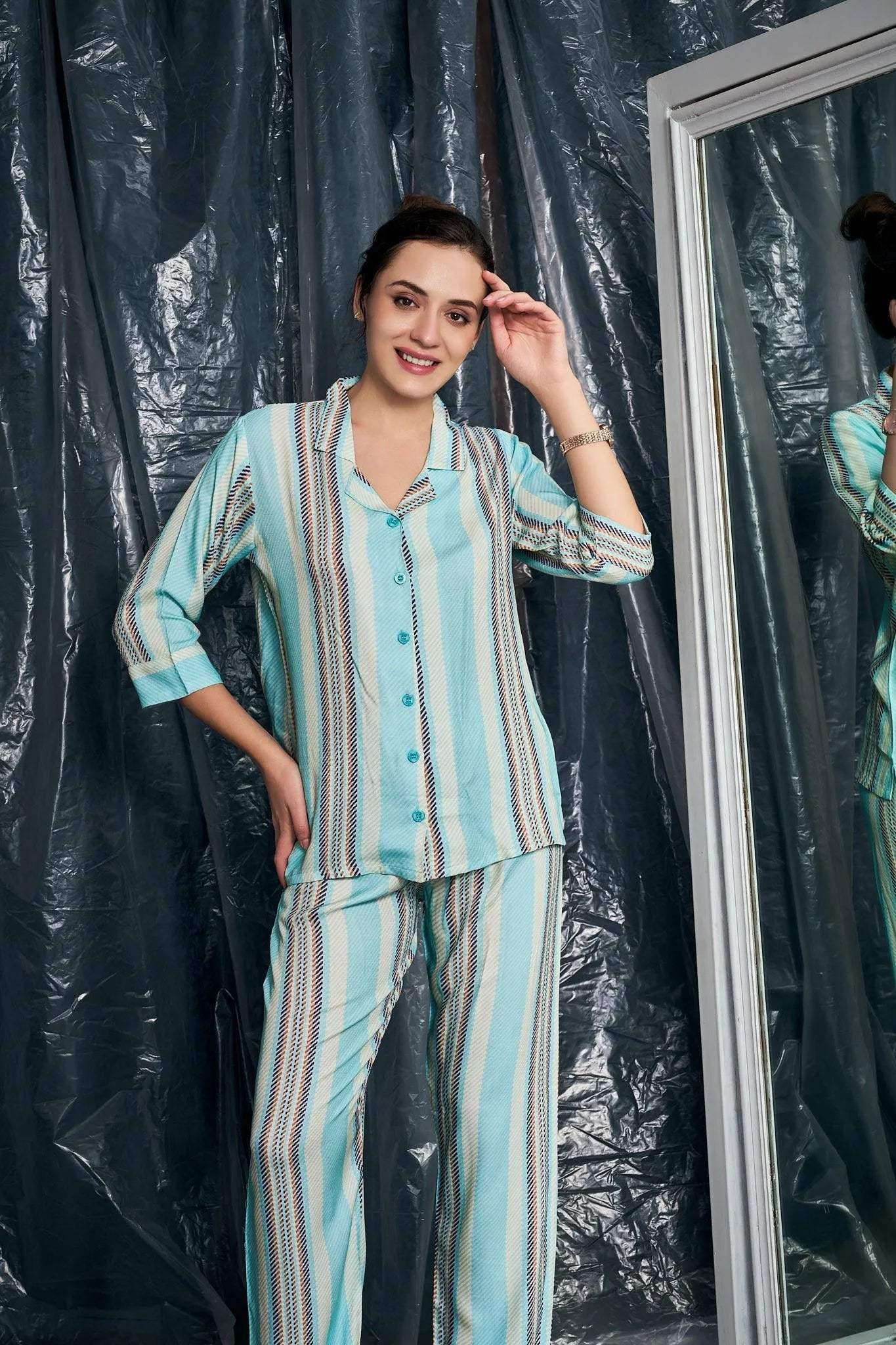 Velure Vertical Stripes Night Suit - Velure - - 3/4 Sleeves, Collar Neck, Cotton, Front Button Open, Full Length Pant, Stripes
