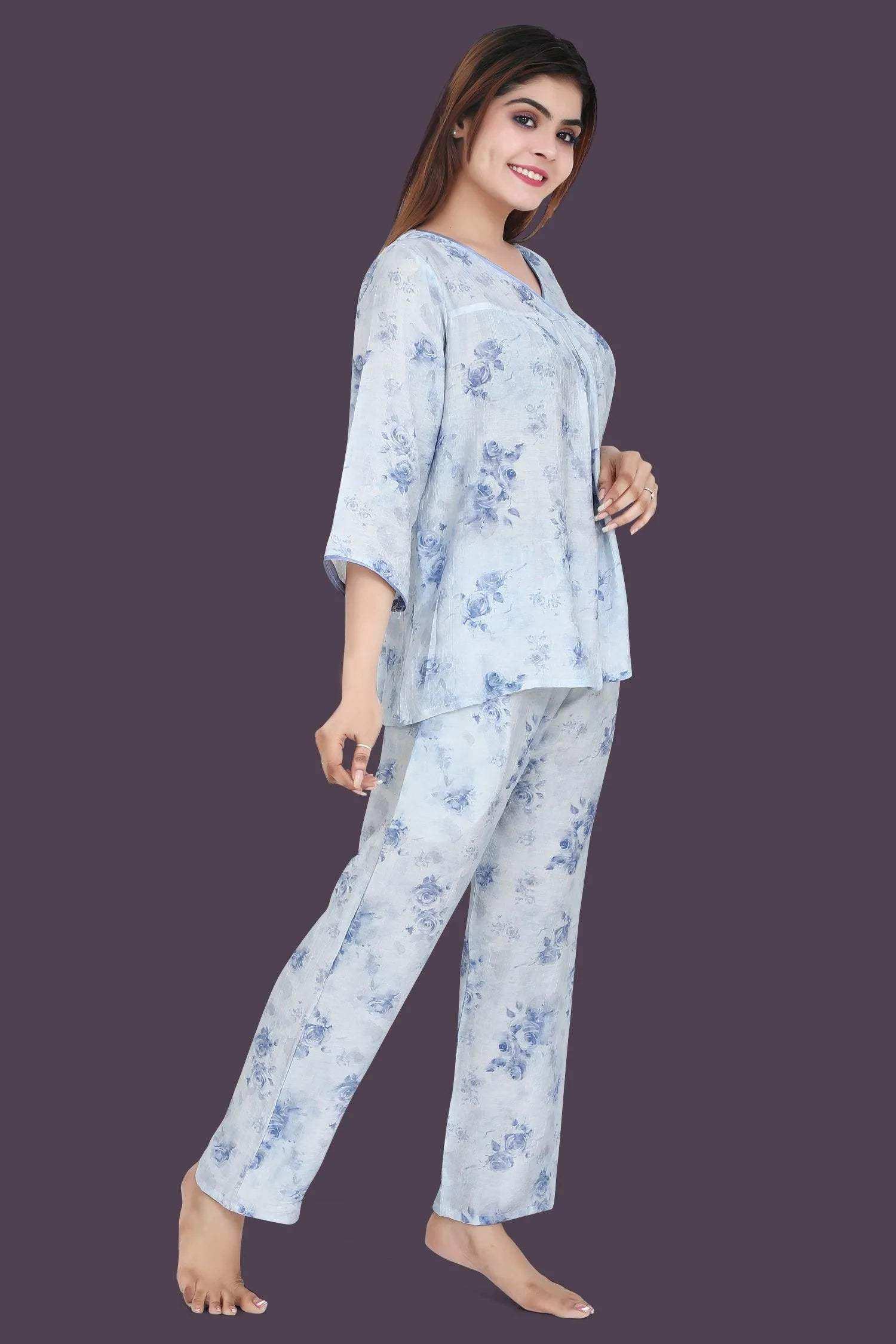 Velure Trendy Floral Print Frock-Style Night Suit - Velure - - 3/4 Sleeves, Frock Style, Full Length Pant, Linen, V Neck