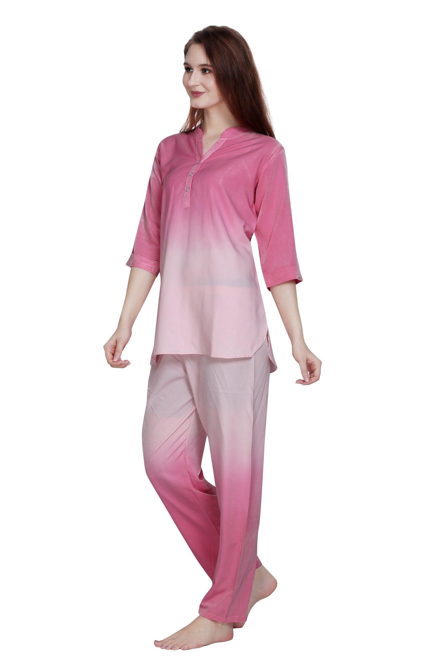 Velure Engrossing Dual Shade Kurti Style Night Suit - Velure - Long Top and Pant - 3/4 Sleeves, Collar Night Suit, Cotton, Full Length Pant, Long Top Night Suit