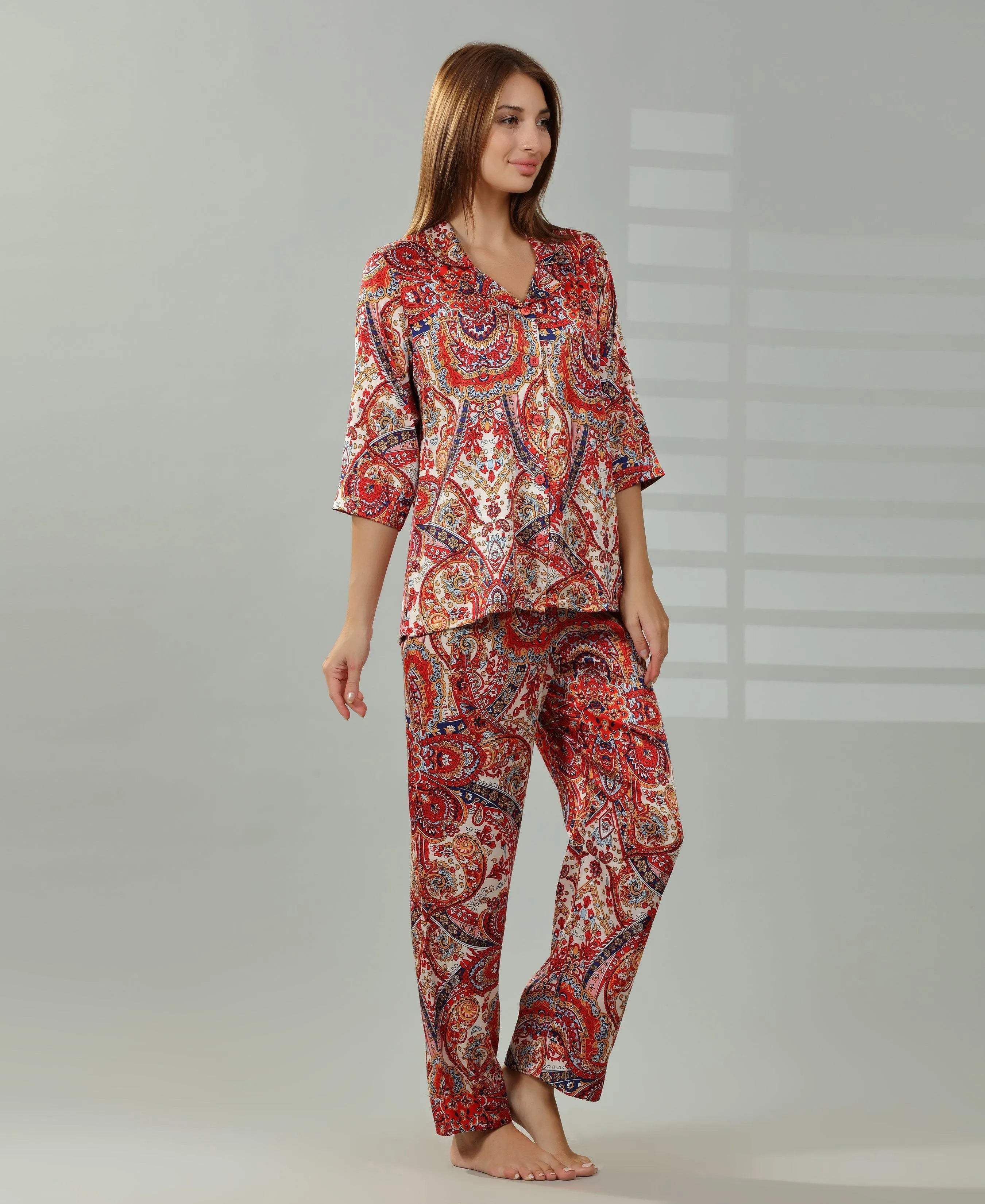 Geometry Print Satin Set - Velure - Shirt and Pant - Abstract Print, Collar Neck, Front Button Open, Full Length Pant, Full Sleeves, Satin
