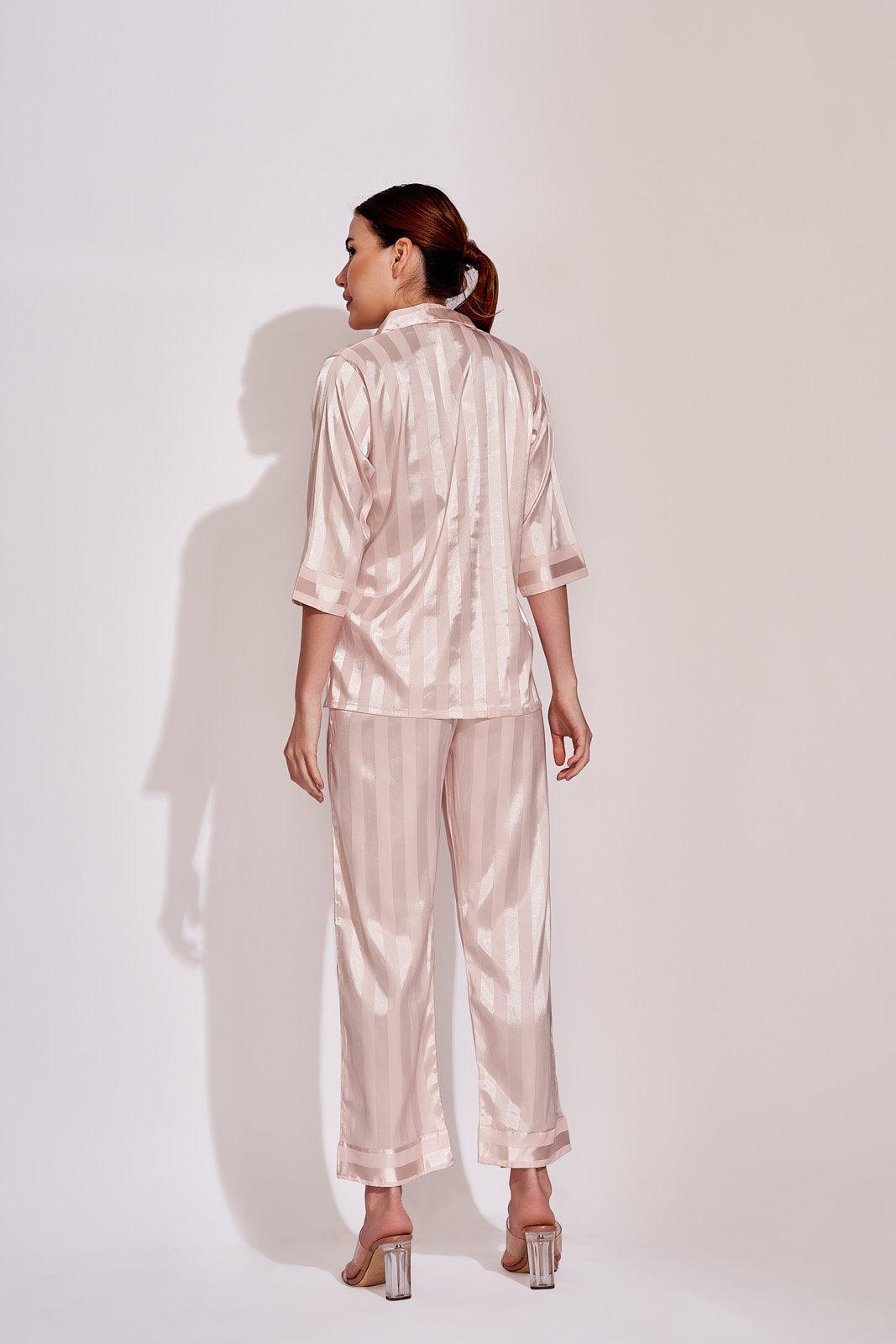 Peach Self Stripes Satin Night Suit - Velure - Shirt and Pant - 3/4 Sleeves, Collar Neck, Front Button Open, Full Length Pant, Satin, Stripes