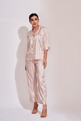 Peach Self Stripes Satin Night Suit - Velure - Shirt and Pant - 3/4 Sleeves, Collar Neck, Front Button Open, Full Length Pant, Satin, Stripes