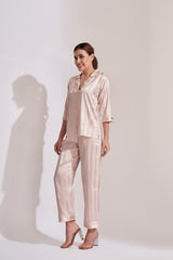 Peach Self Stripes Satin Night Suit - Velure - Shirt and Pant - 3/4 Sleeves, Collar Neck, Front Button Open, Full Length Pant, Satin, Stripes