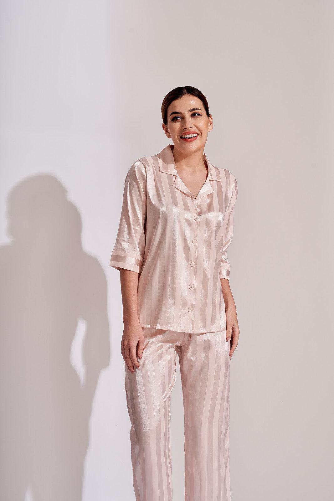 Peach Self Stripes Satin Night Suit - Velure - Shirt and Pant - 3/4 Sleeves, Collar Neck, Front Button Open, Full Length Pant, Satin, Stripes