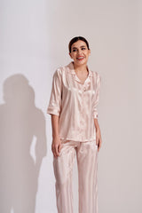 Peach Self Stripes Satin Night Suit - Velure - Shirt and Pant - 3/4 Sleeves, Collar Neck, Front Button Open, Full Length Pant, Satin, Stripes