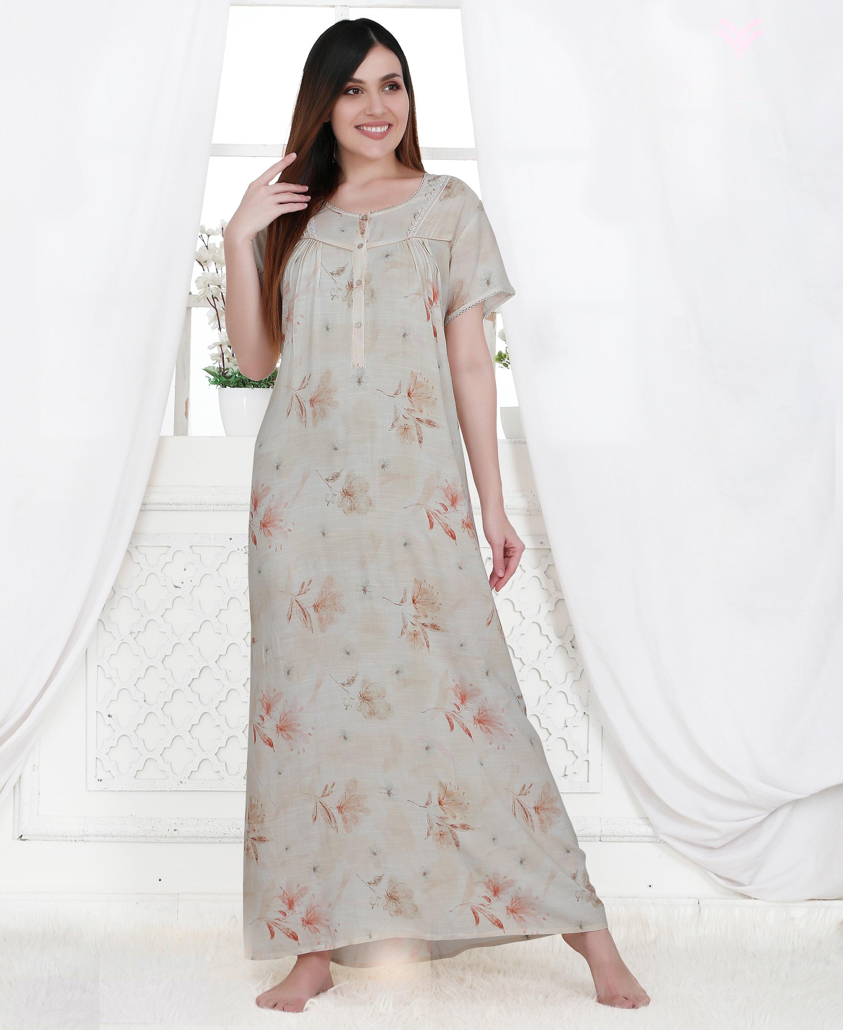 Velure Cream Floral Print Linen Nighty  - Velure - Nighty - Full Length Nighty, Half Sleeves Nighty, Linen, Round neck Nighty