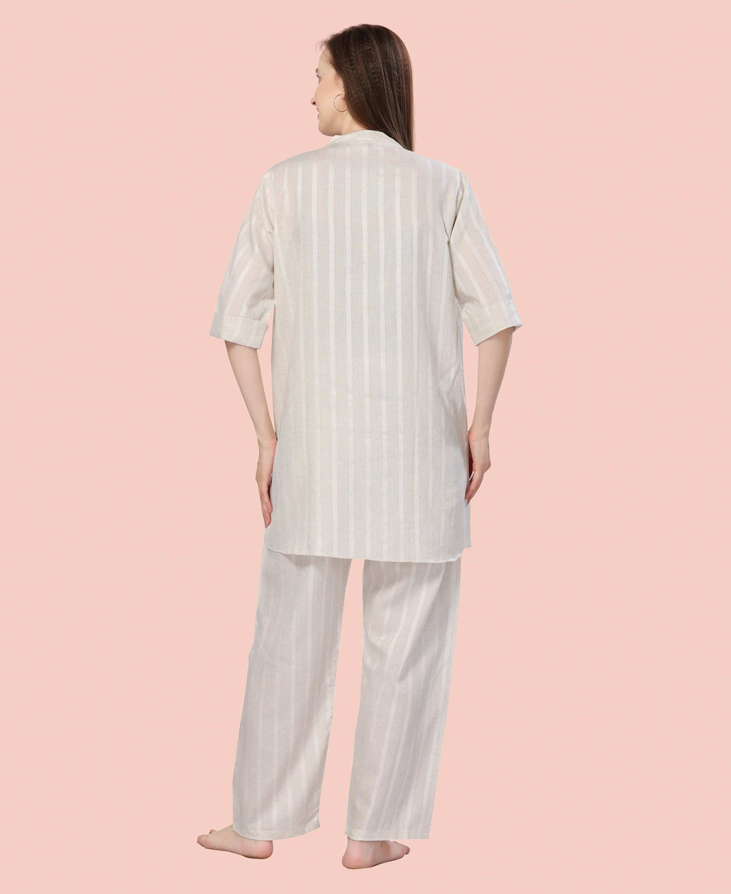 Velure Graceful Cream Kurti Style Night Suit - Velure - - 3/4 Sleeves, Collar Neck, Cotton, Front Button Open, Full Length Pant