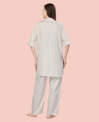 Velure Graceful Cream Kurti Style Night Suit - Velure - - 3/4 Sleeves, Collar Neck, Cotton, Front Button Open, Full Length Pant